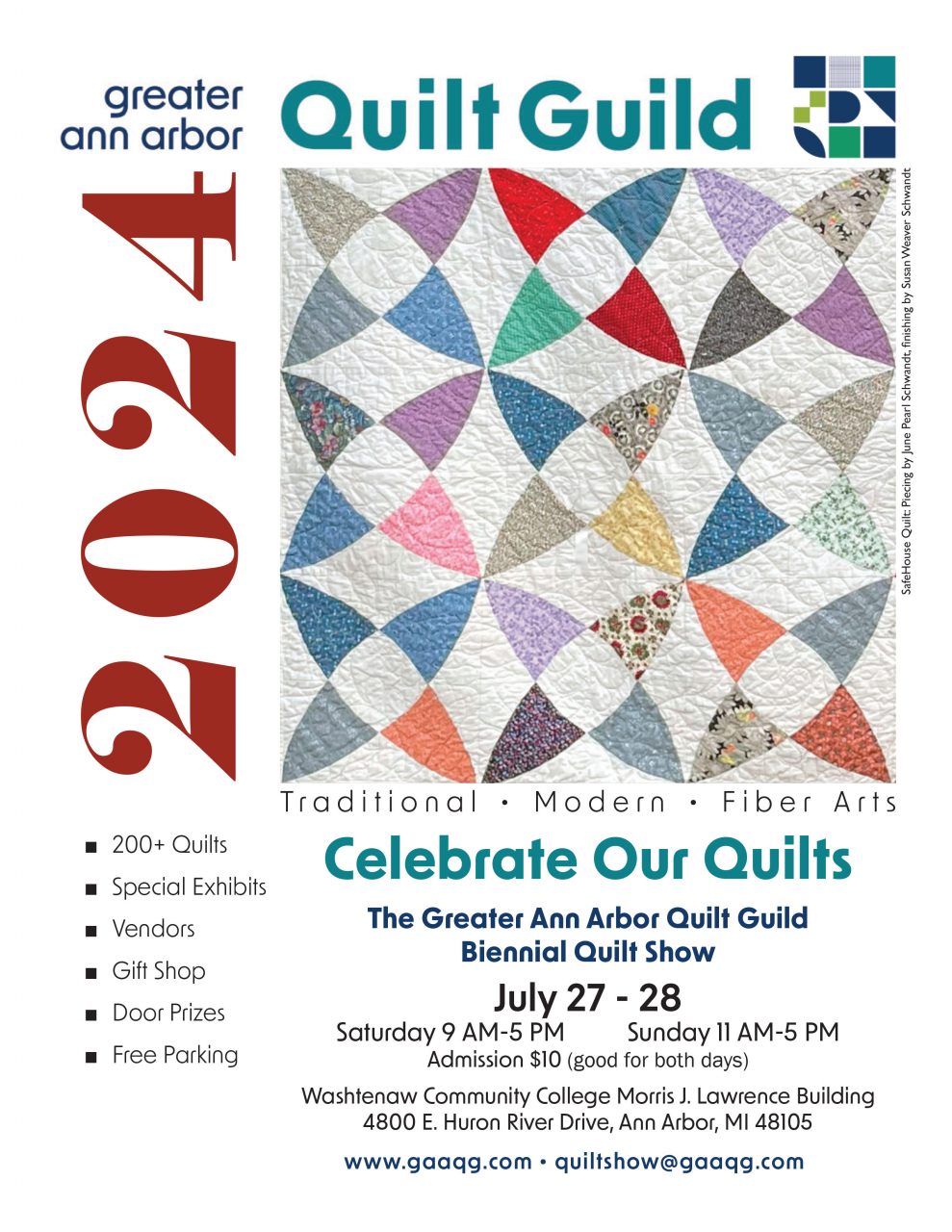 Flyer for GAAQG 2024 Quilt Show showing a kaleidoscope quilt design