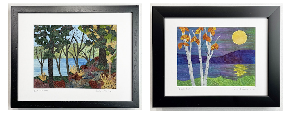 Two framed little landscape quilts