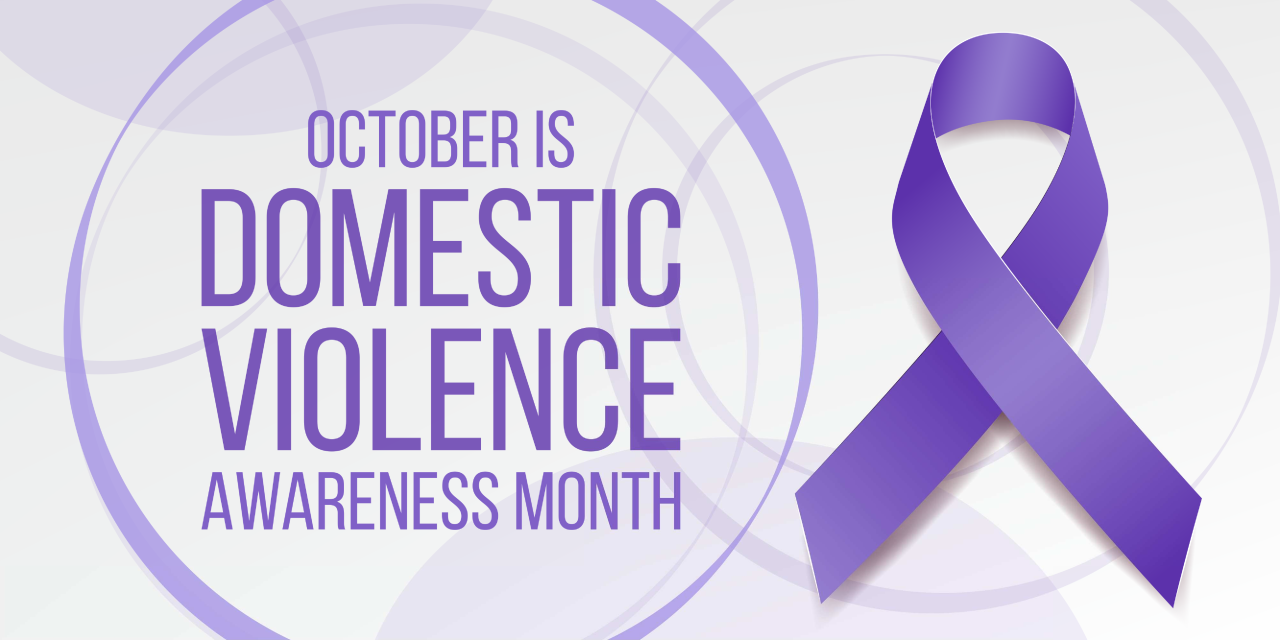 purple ribbon and text for October is Domestic Awareness Month
