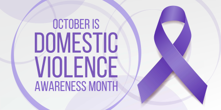 purple ribbon and text for October is Domestic Awareness Month